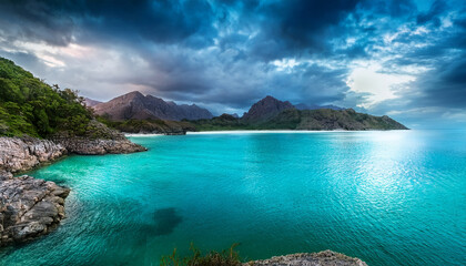 Peaceful Evening By Turquoise And Emerald Waters Under A Cloudy Sky In A Coastal Bay