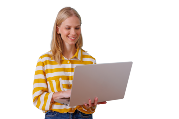 Happy blonde woman standing and typing on laptop, smiling and working remotely, transparent background for easy use