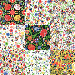 A pattern of flowers, birds, and animals in the Ottom embroidery style. A set of seamless backgrounds with Mexican motifs.