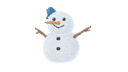 Pixel Art Snowman with Blue Bucket Hat - Happy 8-Bit Winter Snowman Icon Wearing a Blue Bucket - Retro Game Character with Smile and Blue Headwear