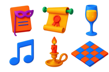 Masquerade Ball Icons. 3D icon set of masquerade ball props: dance card, invitation scroll, champagne glass, candleholder, music