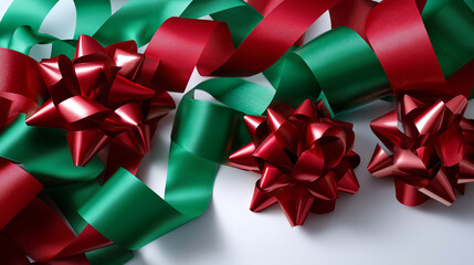 Artistic layout of multi-sized green and red ribbons curled around shiny bows, dynamic diagonal design suggesting joyful motion, with copy space.
