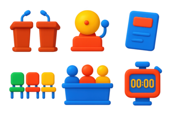 Set of cartoon icons for a meeting room, including a microphone, a clock