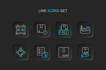 Set line Delivery hand with box, Carton cardboard, Verification of delivery list, Cargo ship boxes, Cardboard free symbol, and Container icon. Vector