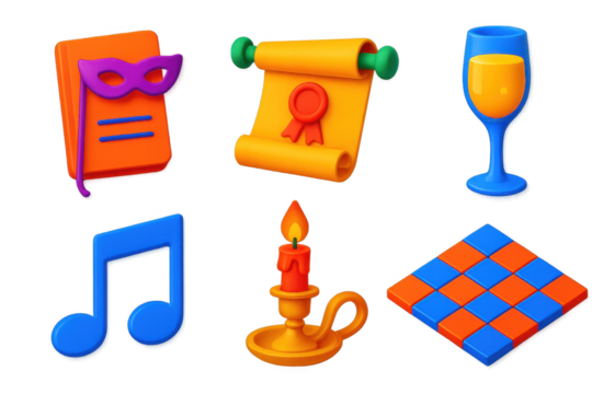 Masquerade Ball Icons. 3D icon set of masquerade ball props: dance card, invitation scroll, champagne glass, candleholder, music