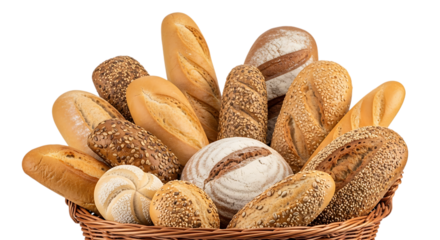 Assortment of Freshly Baked Breads in Wicker Basket, isolated on white or transparent background, PNG