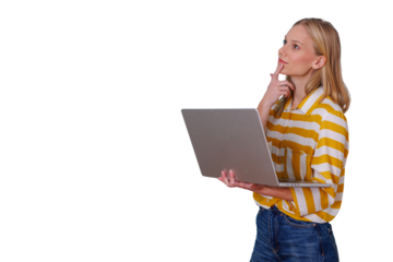 Woman holding a laptop, fingers on chin, contemplating a new strategy or solution for her work. Thinking and planning concepts