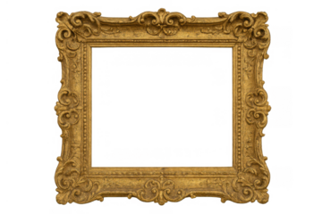 Ornate golden baroque frame with intricate carvings, vintage gilded border, transparent background for design