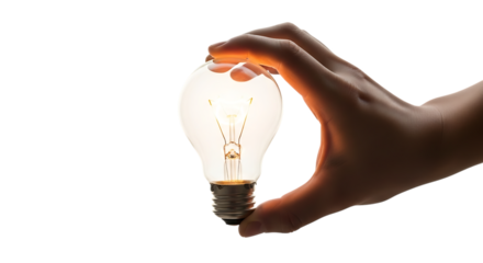 Hand holding a glowing incandescent light bulb with filament visible, isolated on white or transparent background, PNG