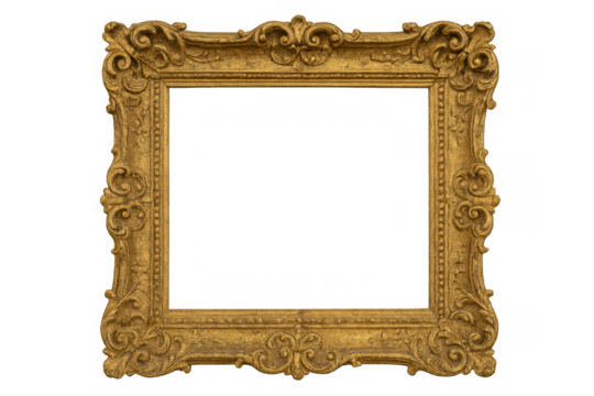 Ornate golden baroque frame with intricate carvings, vintage gilded border, transparent background for design