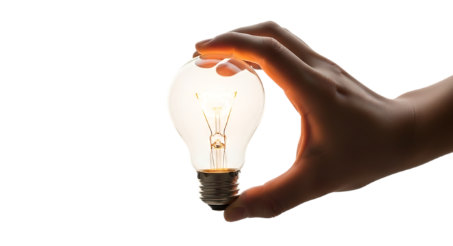 Hand holding a glowing incandescent light bulb with filament visible, isolated on white or transparent background, PNG