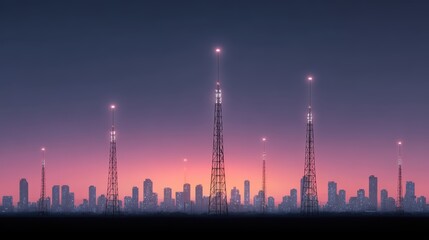 Fototapeta premium City Skyline Antennas Sunset - Urban Telecommunications Network
