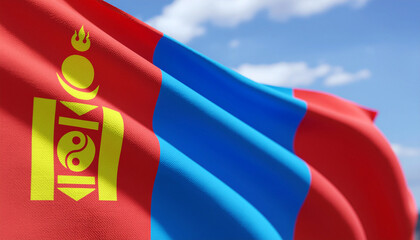 Vibrant Mongolian flag waving proudly against a clear blue sky, embodying national pride and cultural heritage, perfect for travel and patriotic themes
