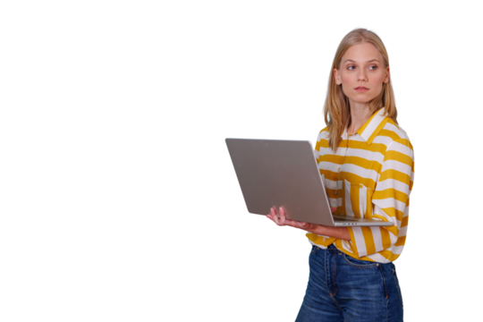 Young woman standing, holding laptop and working, searching for information, transparent background