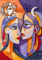 Dual-Face Cubist Watercolor Portrait with Sun and Moon Motifs. Hand-painted watercolor