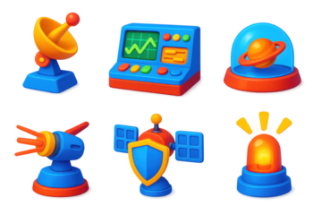 Planetary Defense Icons. 3D icon set of planetary defense: radar dish, control console, protective dome, laser turret, shield