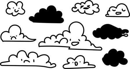 Hand drawn cartoon clouds with faces and emotions drawing