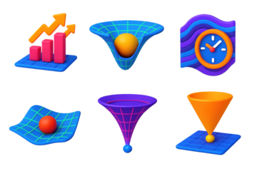 Variety of colorful shapes, including a blue and orange cone, a yellow ball