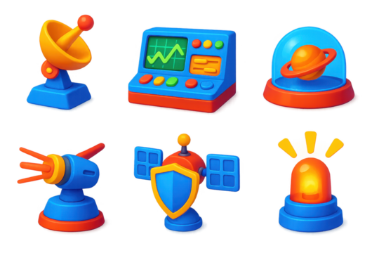 Planetary Defense Icons. 3D icon set of planetary defense: radar dish, control console, protective dome, laser turret, shield