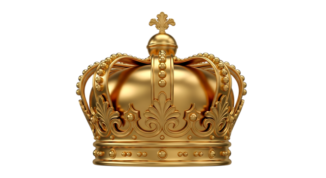 Ornate Golden Regal Crown with Intricate Detailing, isolated on white or transparent background, PNG