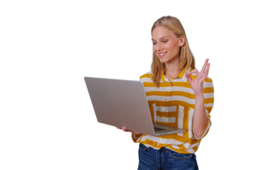 Young woman on video call making okay gesture, smiling, connecting online with laptop, concept of remote work success, transparent background