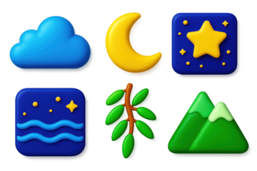 Variety of shapes and colors, including a blue cloud, a yellow moon