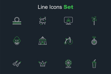 Set line Paper glass with water, Ferris wheel, Jester hat bells, Dart arrow, Unicycle, Vintage bicycle, Circus tent and Clown head icon. Vector