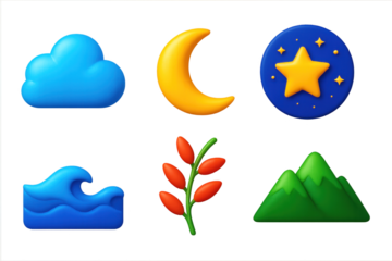 Tranquility 3D Icons. 3D icon set of tranquility: soft cloud, moon crescent, starry night, calm ocean, willow branch, mountain