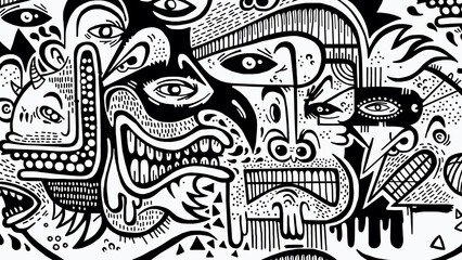 Black and white pattern of women's faces on a black background, abstract design