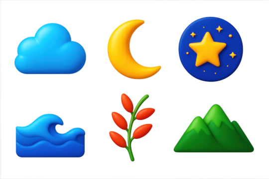 Tranquility 3D Icons. 3D icon set of tranquility: soft cloud, moon crescent, starry night, calm ocean, willow branch, mountain