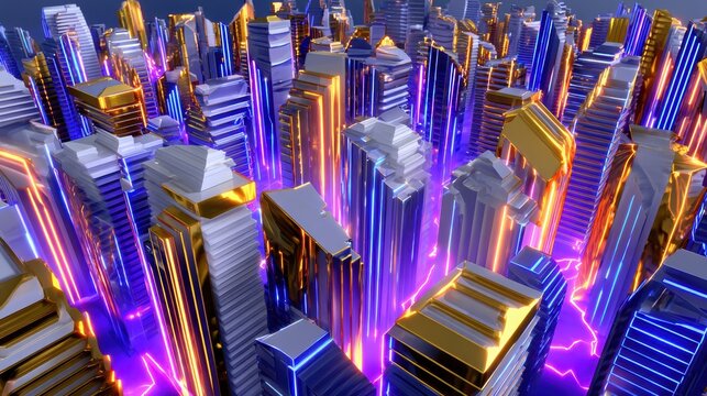 Futuristic Cityscape, Neon Lights, Abstract Architecture