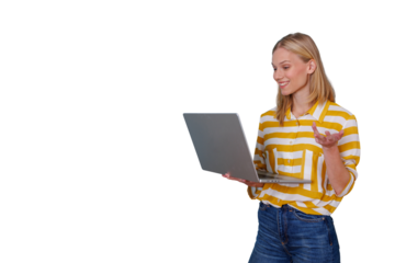 Woman making online video call on laptop, communicating with hand gesture, smiling, transparent background