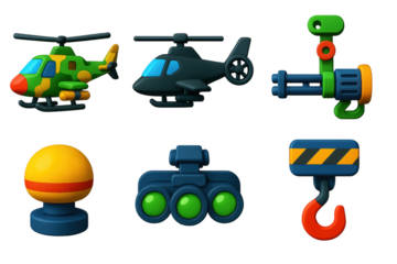 Military Helicopter Icons. 3D icon set of military helicopters: camo attack chopper, stealth helicopter, side gun mount, radar