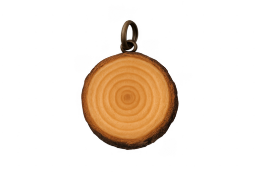 Wood slice keychain decoration with annual rings and transparent background