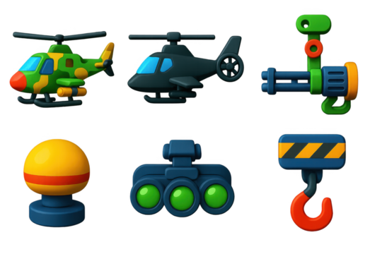 Military Helicopter Icons. 3D icon set of military helicopters: camo attack chopper, stealth helicopter, side gun mount, radar