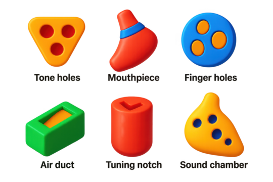 Colorful Ocarina Icons. 3D icon set of ocarina details: tone holes, mouthpiece, finger holes, air duct, tuning notch, sound