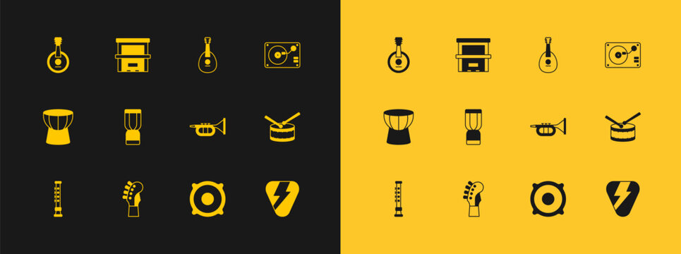 Set Vinyl player with vinyl disk, Guitar neck, Trumpet, Stereo speaker, African djembe drum, Mandolin, Banjo and Piano icon. Vector