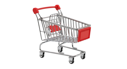 Miniature chrome shopping cart with red accents, isolated on white or transparent background, PNG