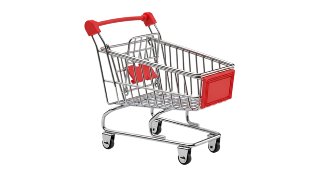 Miniature chrome shopping cart with red accents, isolated on white or transparent background, PNG - Powered by Adobe