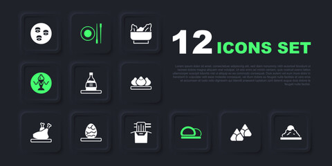 Set Zongzi in bamboo steamer, Rice bowl, Bottle of sake, Sushi, Served fish plate, Chinese egg, Food chopsticks with and Asian noodles paper box icon. Vector