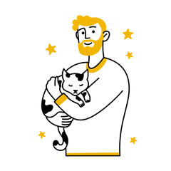Doodle man holding a cute cat, Pet. Vector color lineart illustration of people with animals, isolated on a white background