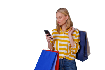 Woman online shopping with smartphone and shopping bags, checking deals or making mobile payment after purchase
