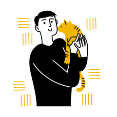 Doodle man holding a cute cat. Pet. Vector color lineart illustration of people with animals, isolated on a white background