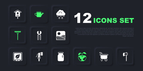 Set Wheelbarrow, Wooden axe, Gardening scissors, Apple, rake, hose, Watering can and Glass jar with screw-cap icon. Vector
