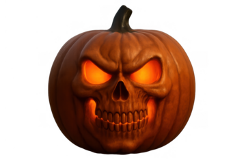 Scary carved halloween pumpkin glowing with evil orange eyes and skull face, reflecting spooky traditional holiday