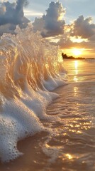 Naklejka premium Golden Sunset Wave Breaking