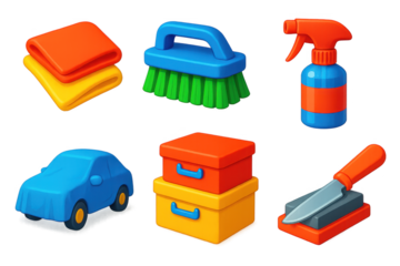 Set of six cartoonish objects, including a car, a brush, a knife, a bottle