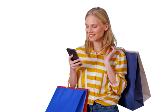 Woman shopping, enjoying online retail on a phone, browsing deals while carrying bags, transparent background