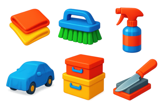 Set of six cartoonish objects, including a car, a brush, a knife, a bottle