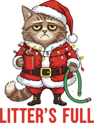 Grumpy Cat in Santa Suit with Christmas Lights and Mug – Funny Holiday Illustration with "Litter's Full" Quote